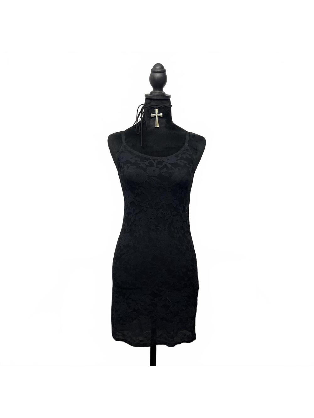 Etam France Black Floral Lace Sheer Mini Dress Sz S Spaghetti Straps Goth Sexy